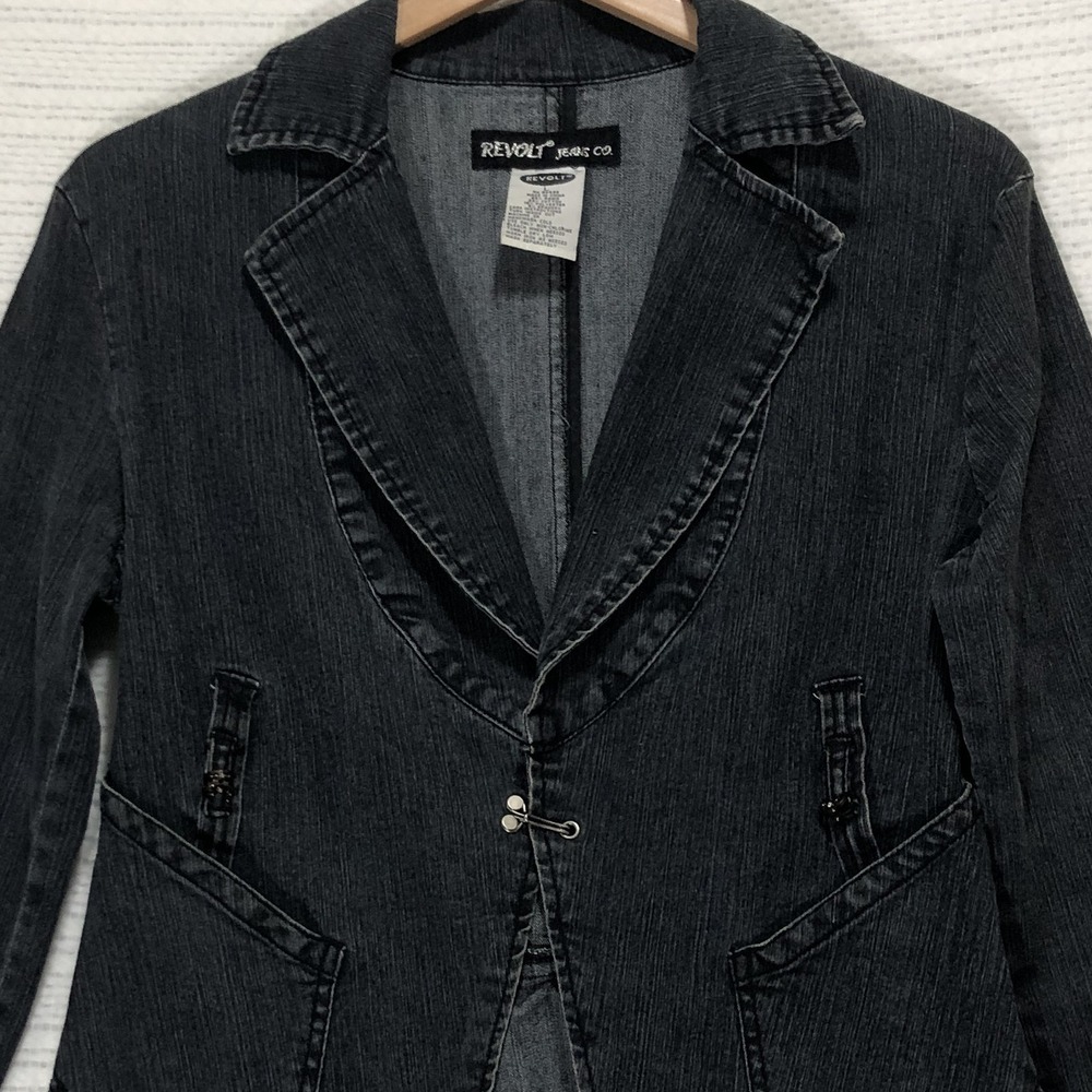 Revolt Jeans Co Womens Black Denim Blazer Jacket Hook Eye Closure Vintage Size L